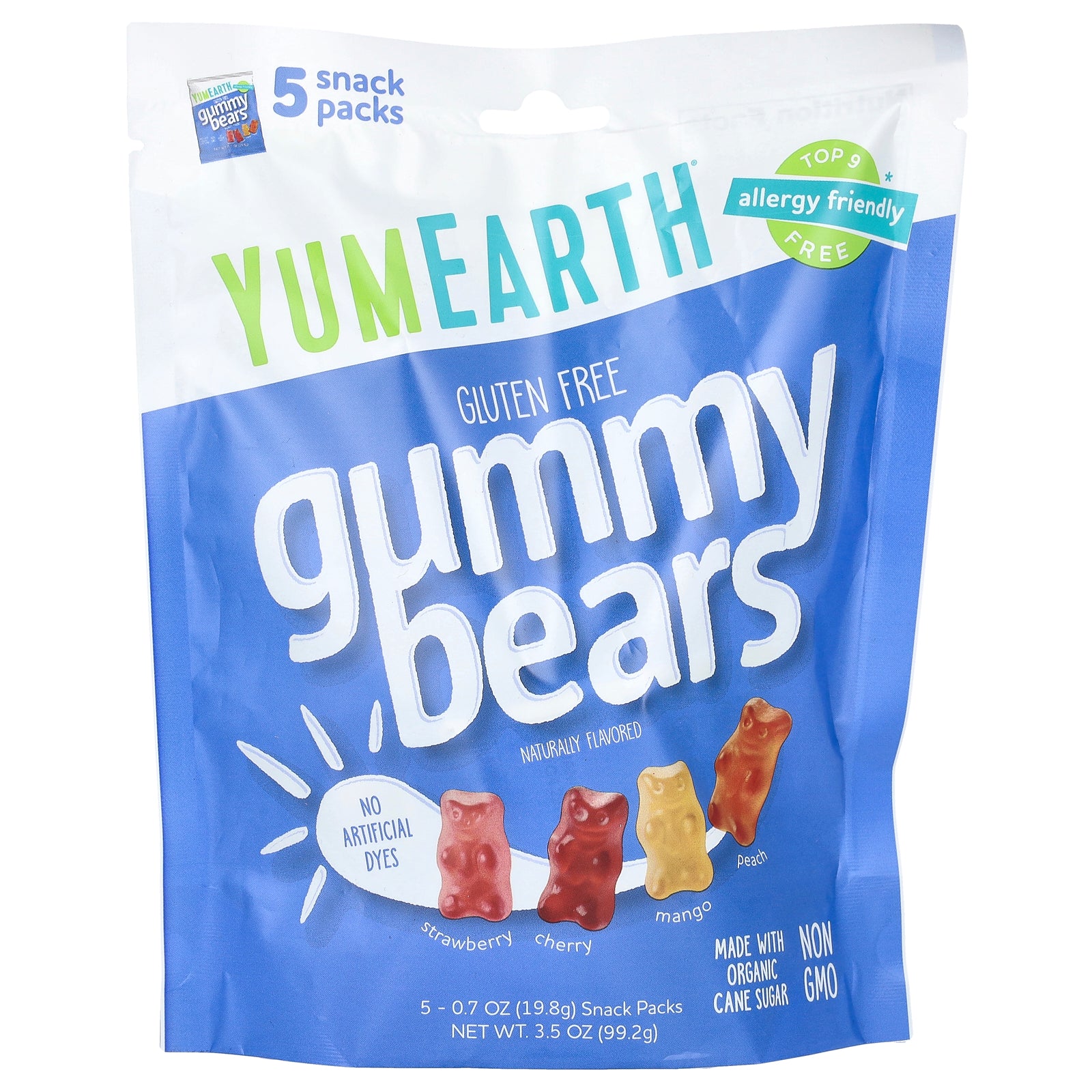 YumEarth, Gluten Free Gummy Bears, Strawberry, Cherry, Mango, Peach, 5 Snack Packs, 0.7 oz (19.8 g) Each