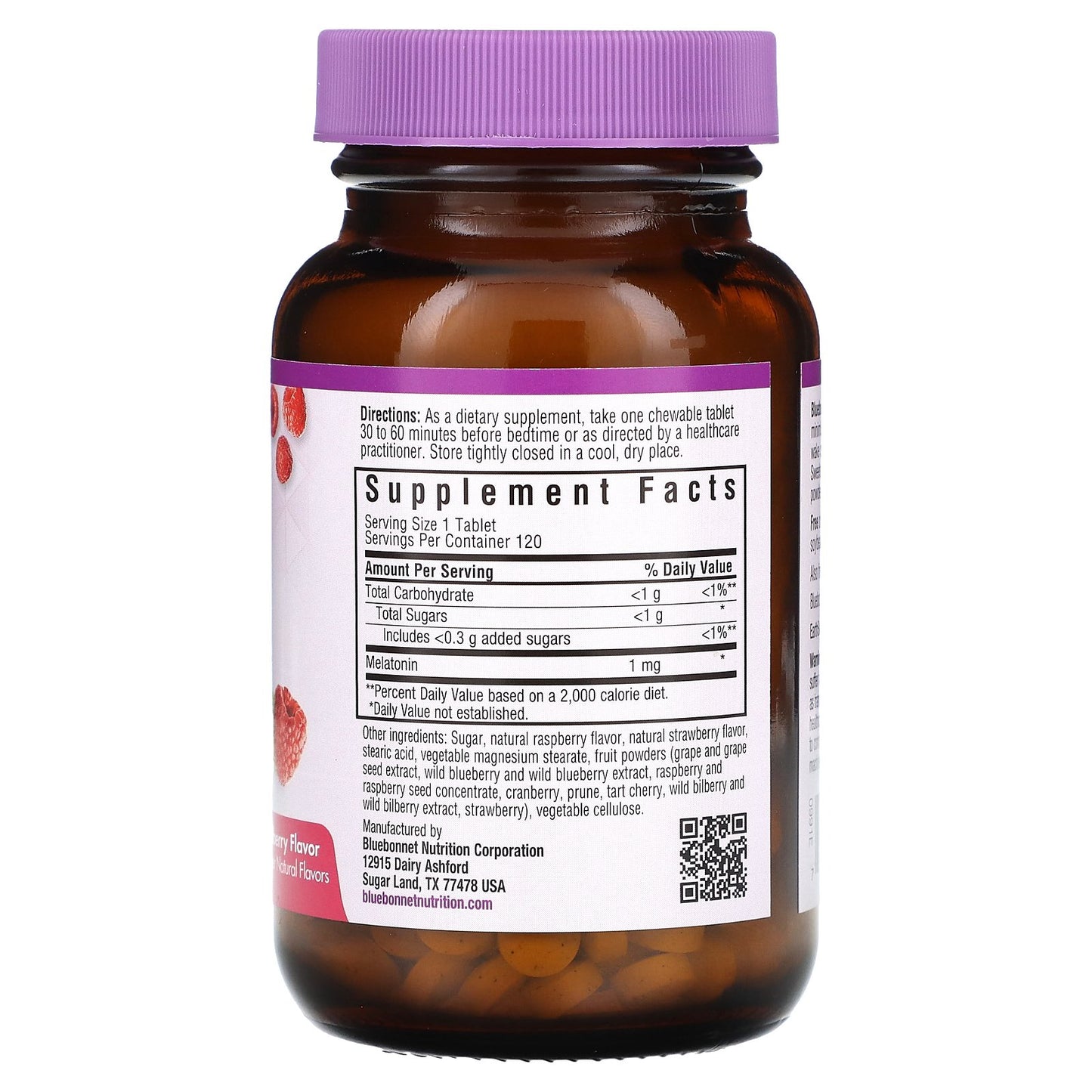 Bluebonnet Nutrition, Earth Sweet® Chewables, Melatonin, Raspberry, 1 mg, 120 Chewable Tablets