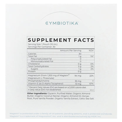 Cymbiotika, Magnesium L-Threonate, Liposomal Delivery, Vanilla Cream, 30 Pouches, 10 ml Each