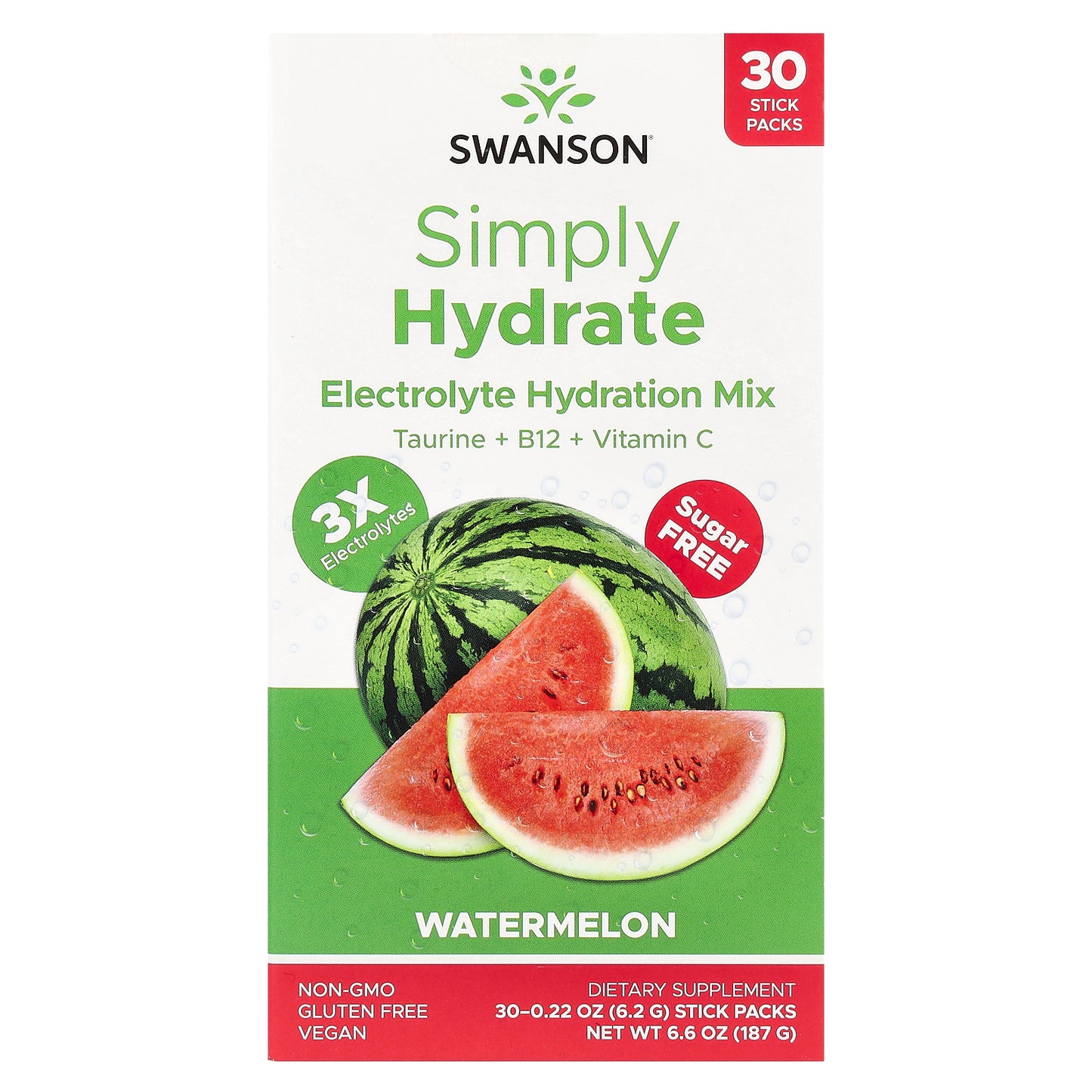 Swanson, Simply Hydrate, Electrolyte Hydration Mix, Watermelon, 30 Stick Packs, 0.22 oz (6.2 g) Each