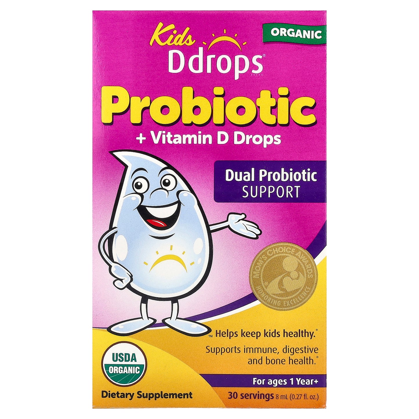 Ddrops, Kids Ddrops®, Organic Probiotic + Vitamin D Drops, For Ages 1 year+, 0.27 fl oz (8 ml)