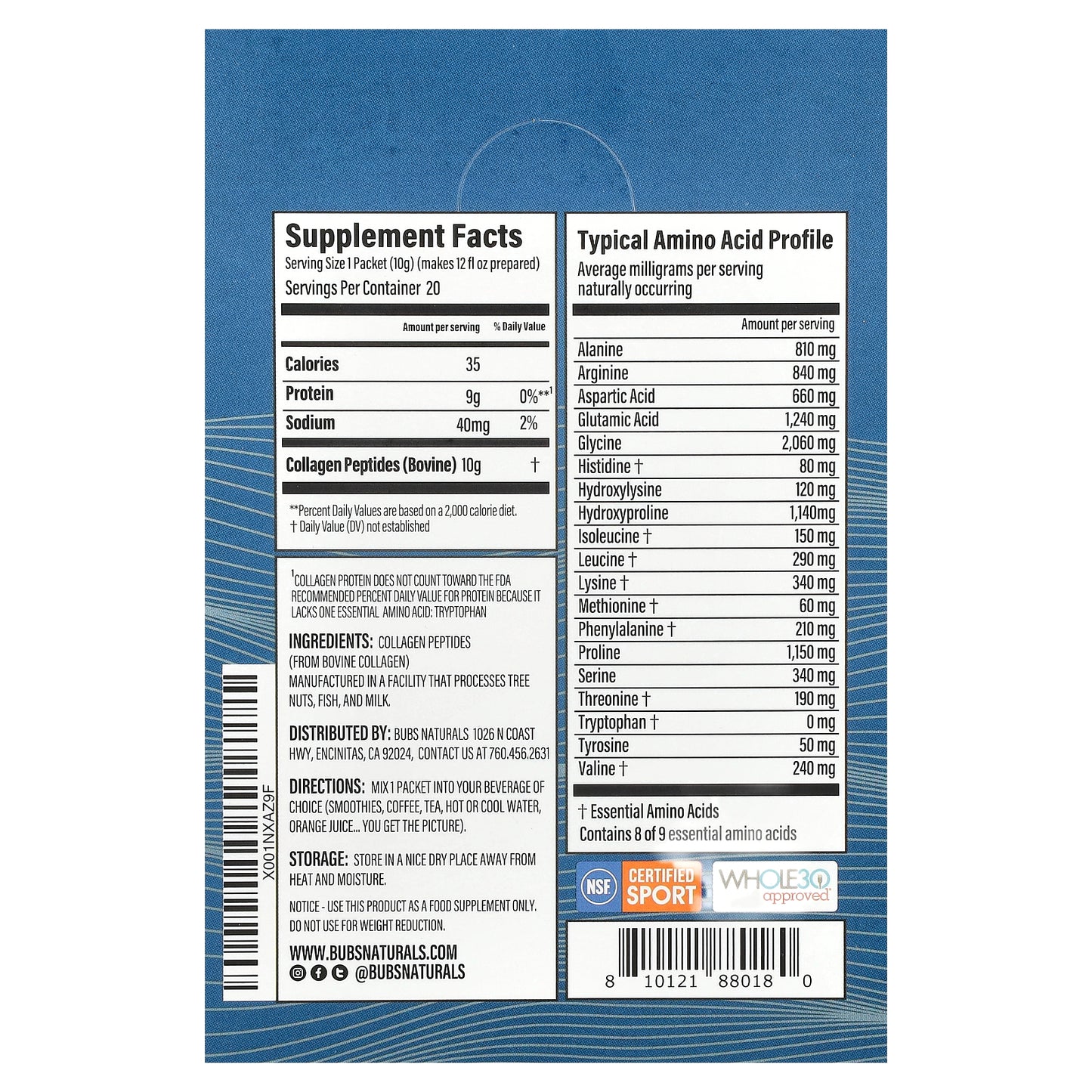 BUBS Naturals, Collagen Peptides, Unflavored, 20 Packets, 0.35 oz (10 g) Each