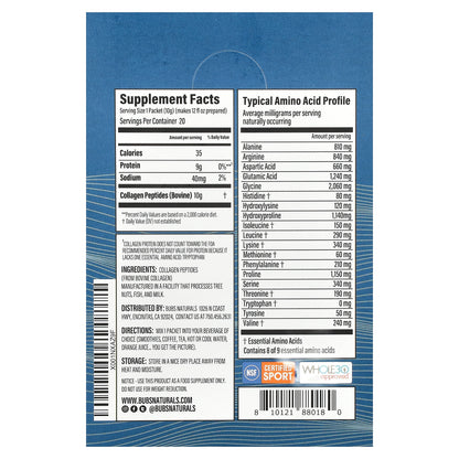 BUBS Naturals, Collagen Peptides, Unflavored, 20 Packets, 0.35 oz (10 g) Each