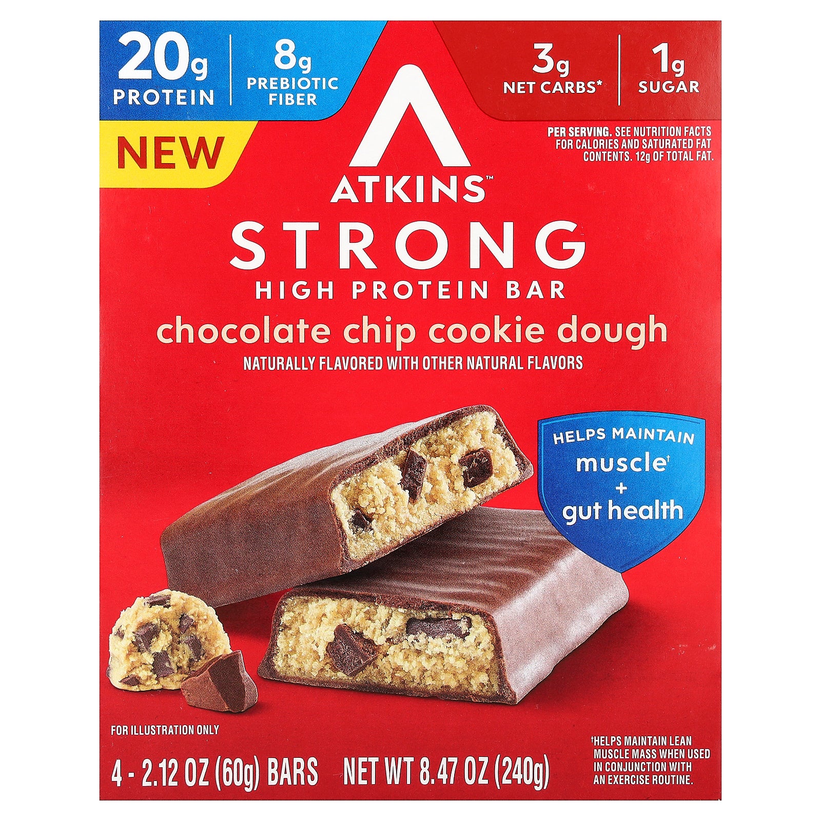 Atkins, Strong, High Protein Bar, Chocolate Chip Cookie Dough, 4 Bars, 2.12 oz (60 g) Each