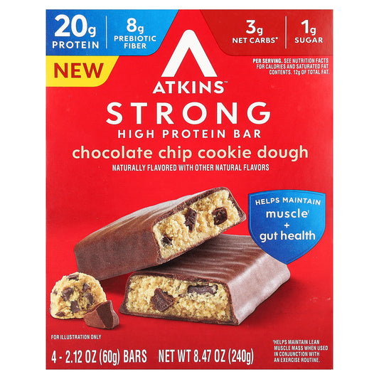 Atkins, Strong, High Protein Bar, Chocolate Chip Cookie Dough, 4 Bars, 2.12 oz (60 g) Each