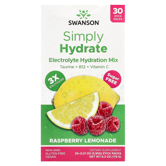 Swanson, Simply Hydrate, Electrolyte Hydration Mix, Sugar Free, Raspberry Lemonade, 30 Stick Packs, 0.21 oz (5.95 g) Each