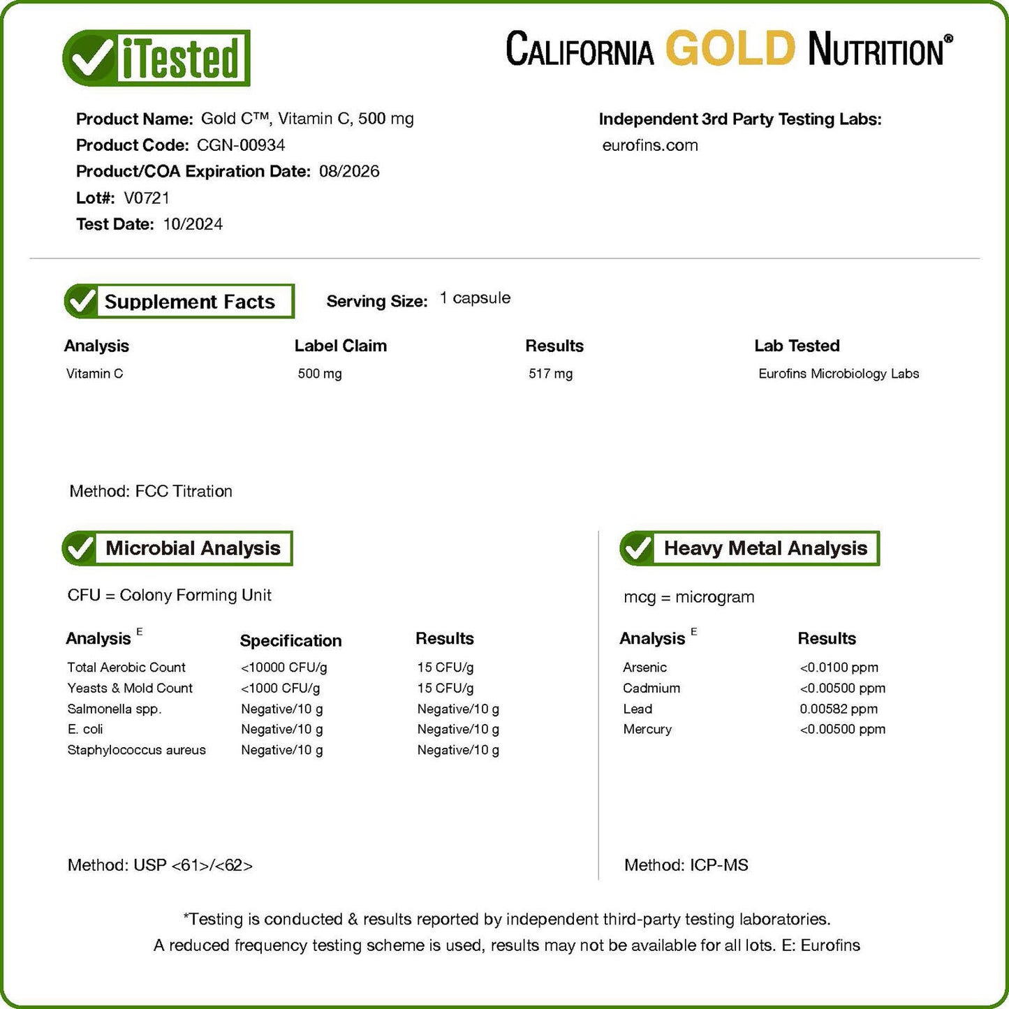California Gold Nutrition, Gold C®, USP Grade Vitamin C, 500 mg, 240 Veggie Capsules