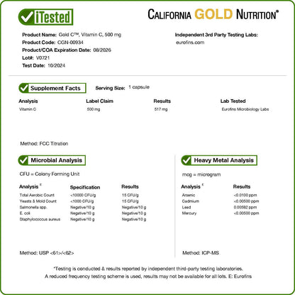 California Gold Nutrition, Gold C®, USP Grade Vitamin C, 500 mg, 240 Veggie Capsules