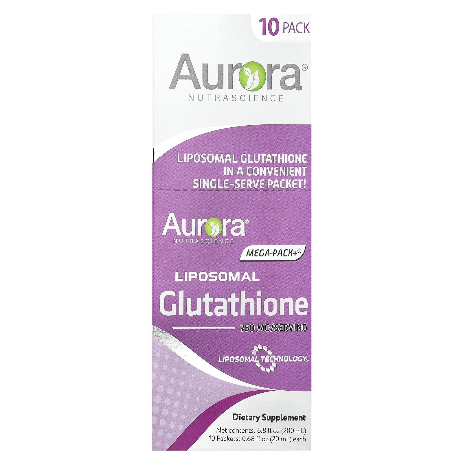 Aurora Nutrascience, Mega-Pack+®, Liposomal Glutathione, 10 Packets, 0.68 fl oz (20 ml) Each