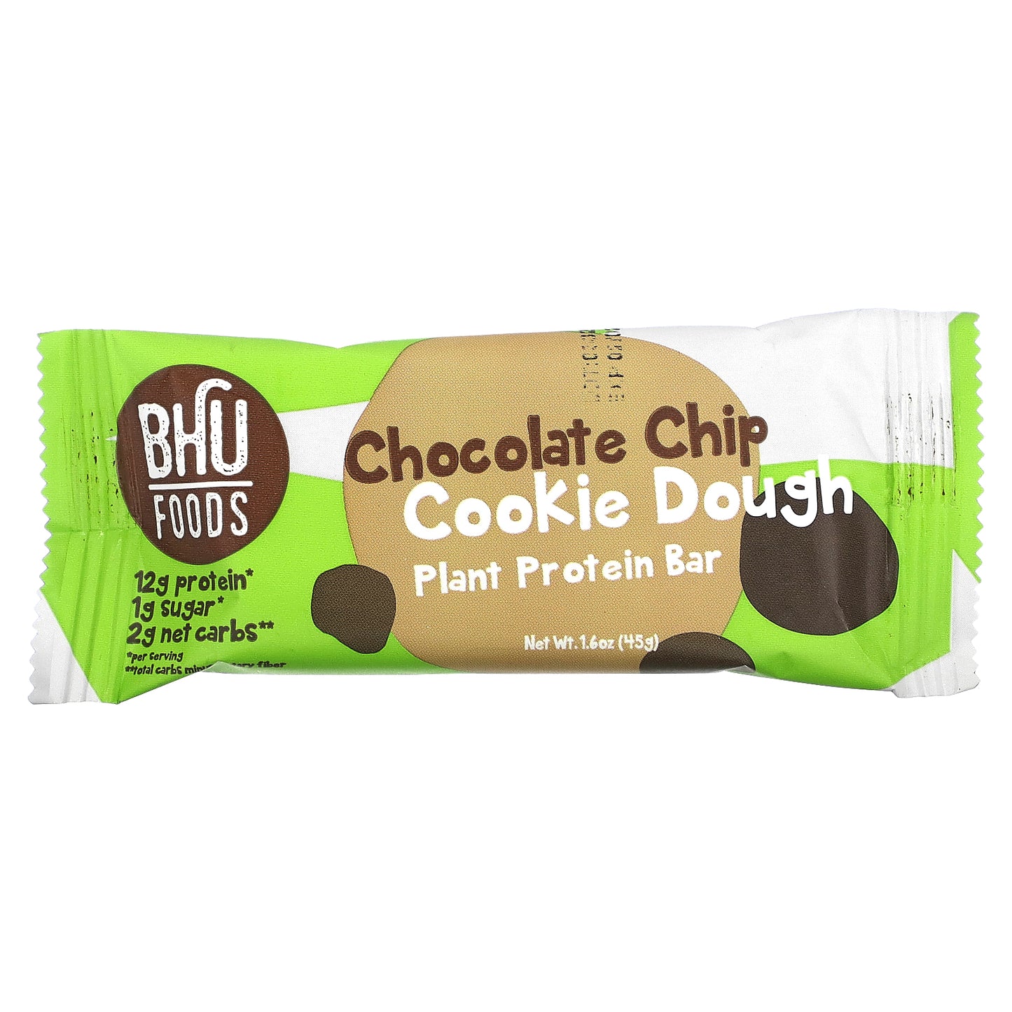 BHU Foods, Vegan Protein Bar, Chocolate Chip Cookie Dough, 12 Bars, 1.6 oz (45 g) Each