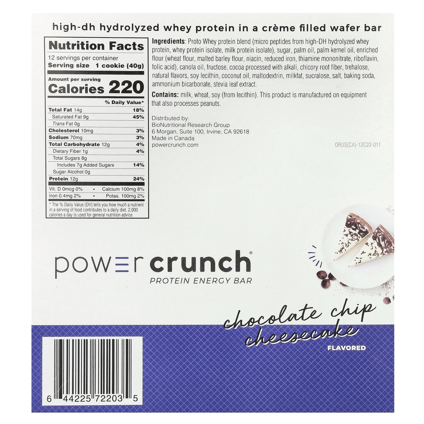 BNRG, Power Crunch Protein Energy Bar, Chocolate Chip Cheesecake, 12 Bars, 1.4 oz (40 g)