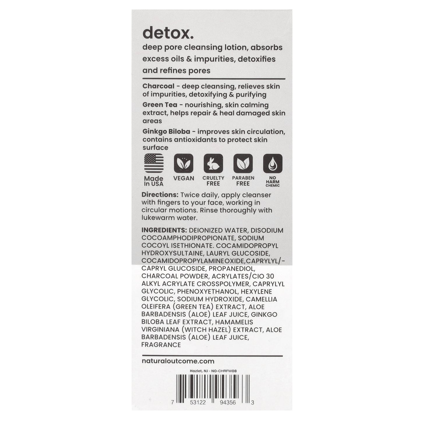 Natural Outcome, Charcoal, Detoxifying Face Wash, 8 oz (236 ml)
