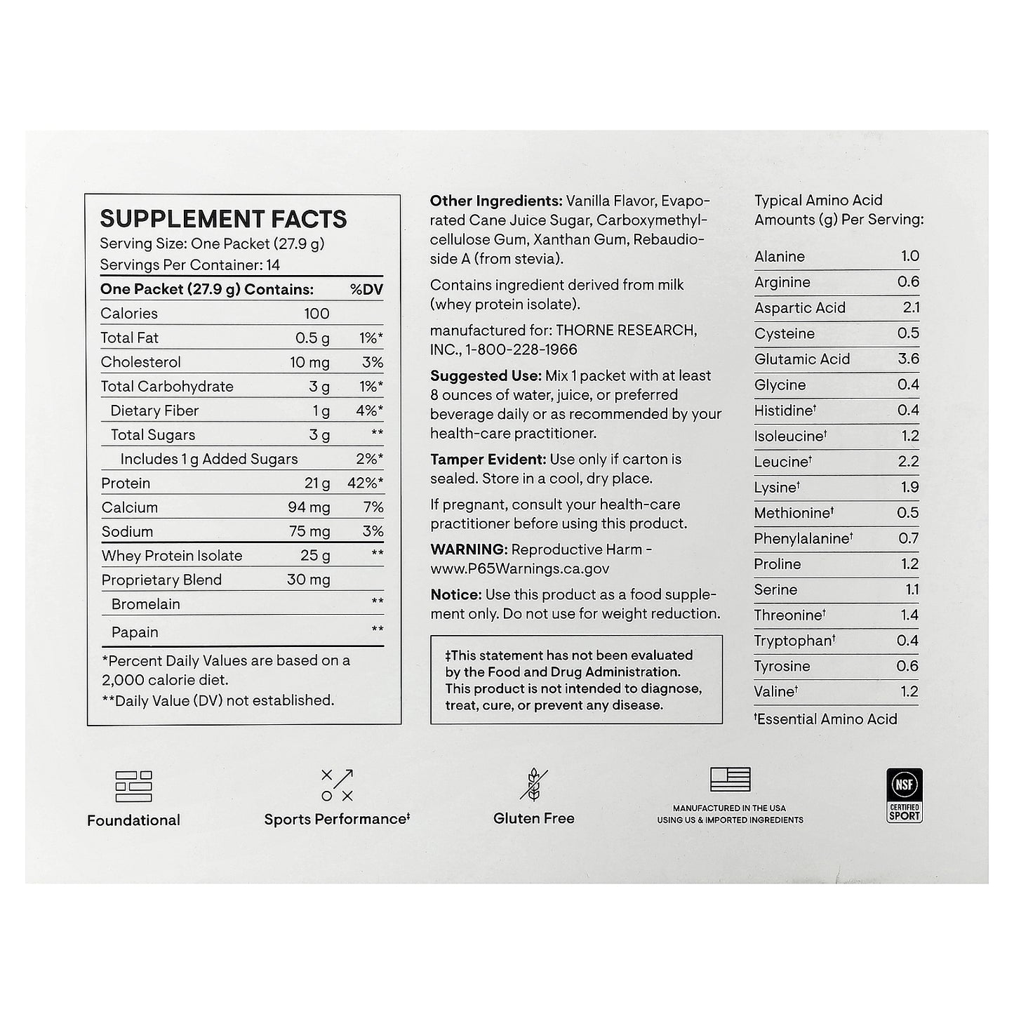 Thorne, Whey Protein Isolate, Vanilla, 14 Packets, 0.98 oz (27.9 g) Each