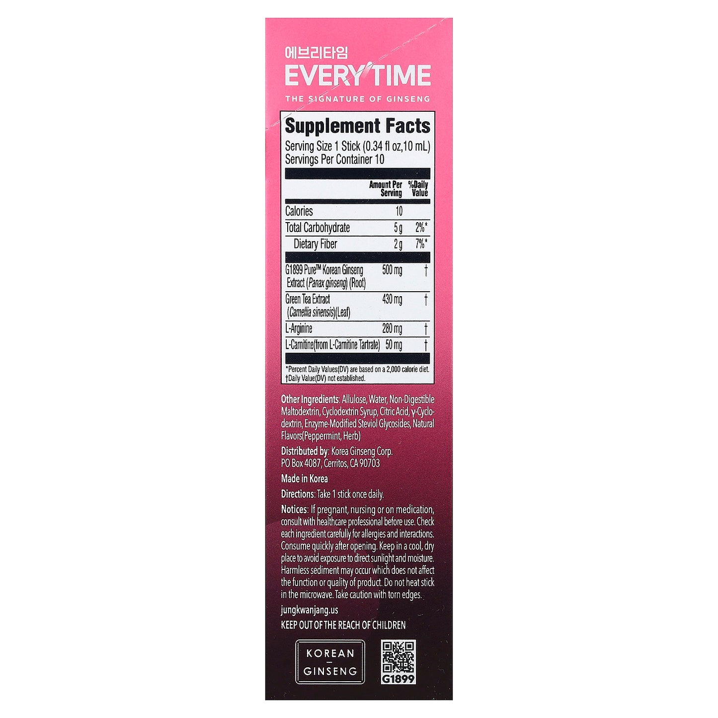 JungKwanJang, Everytime CaloTrim, Green Tea Extract & L-Carnitine Tartrate, 10 Liquid Sticks, 0.34 fl oz (10 ml) Each