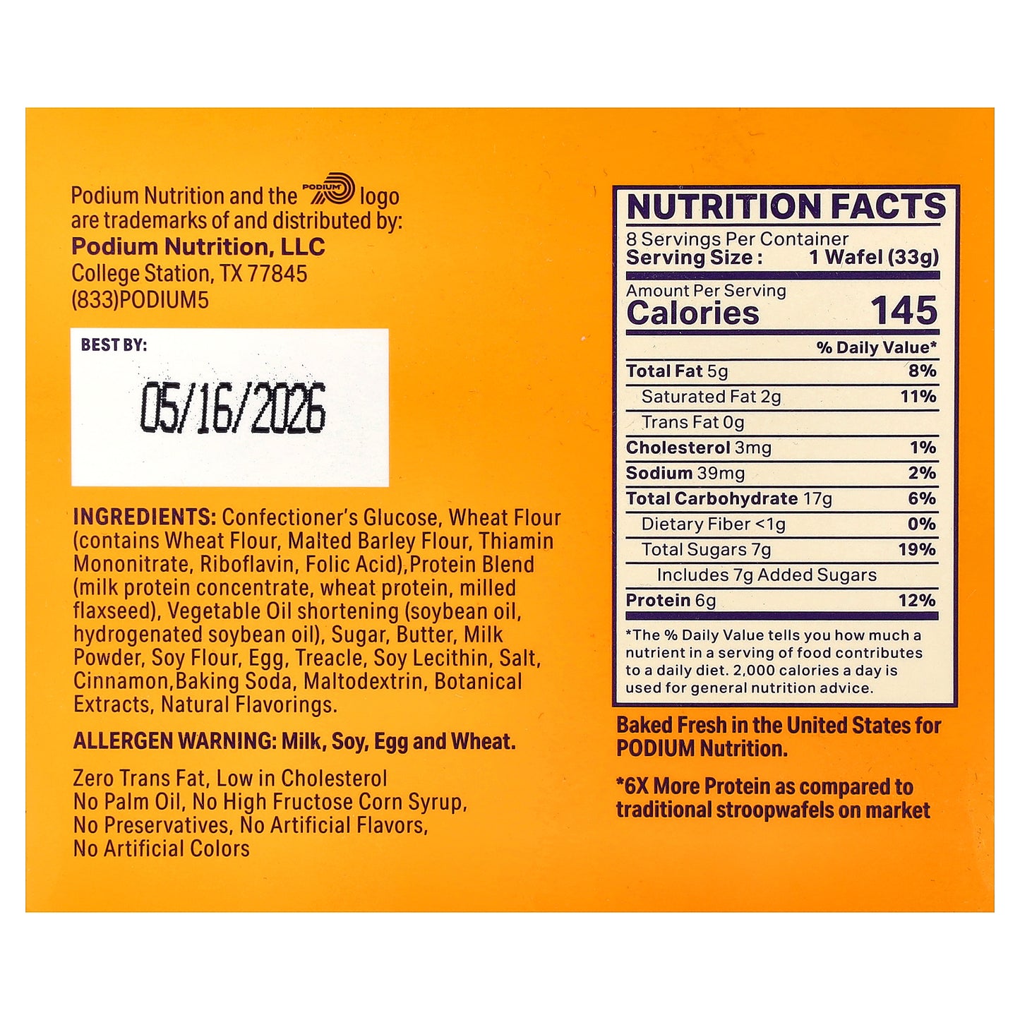 Podium Nutrition, Protein Stroopwafel, Original, 8 Wafels, 1.16 oz (33 g) Each