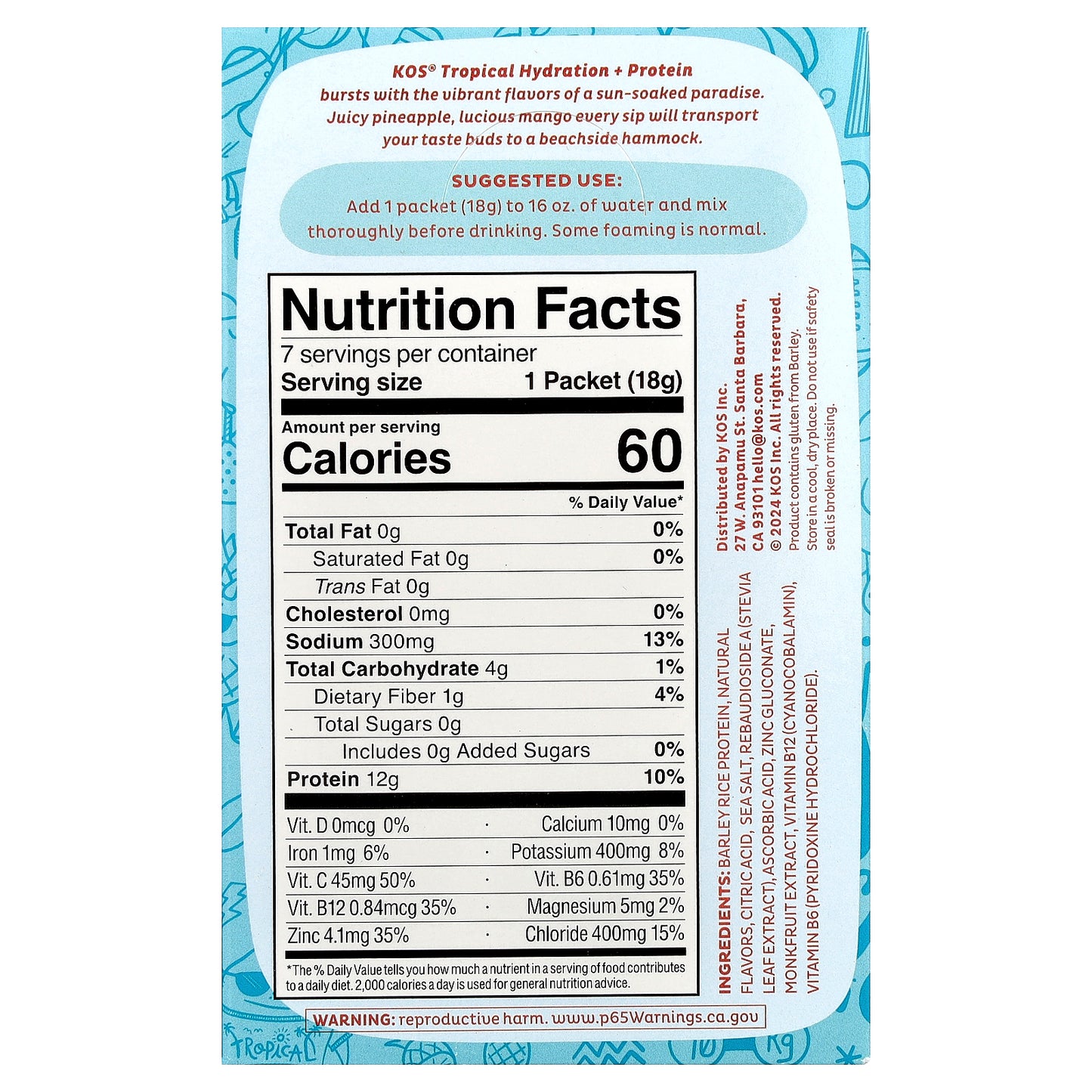 KOS, Hydration + Protein, Refreshing Drink Mix, Tropical , 7 Packets, 0.65 oz (18 g) Each