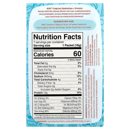 KOS, Hydration + Protein, Refreshing Drink Mix, Tropical , 7 Packets, 0.65 oz (18 g) Each