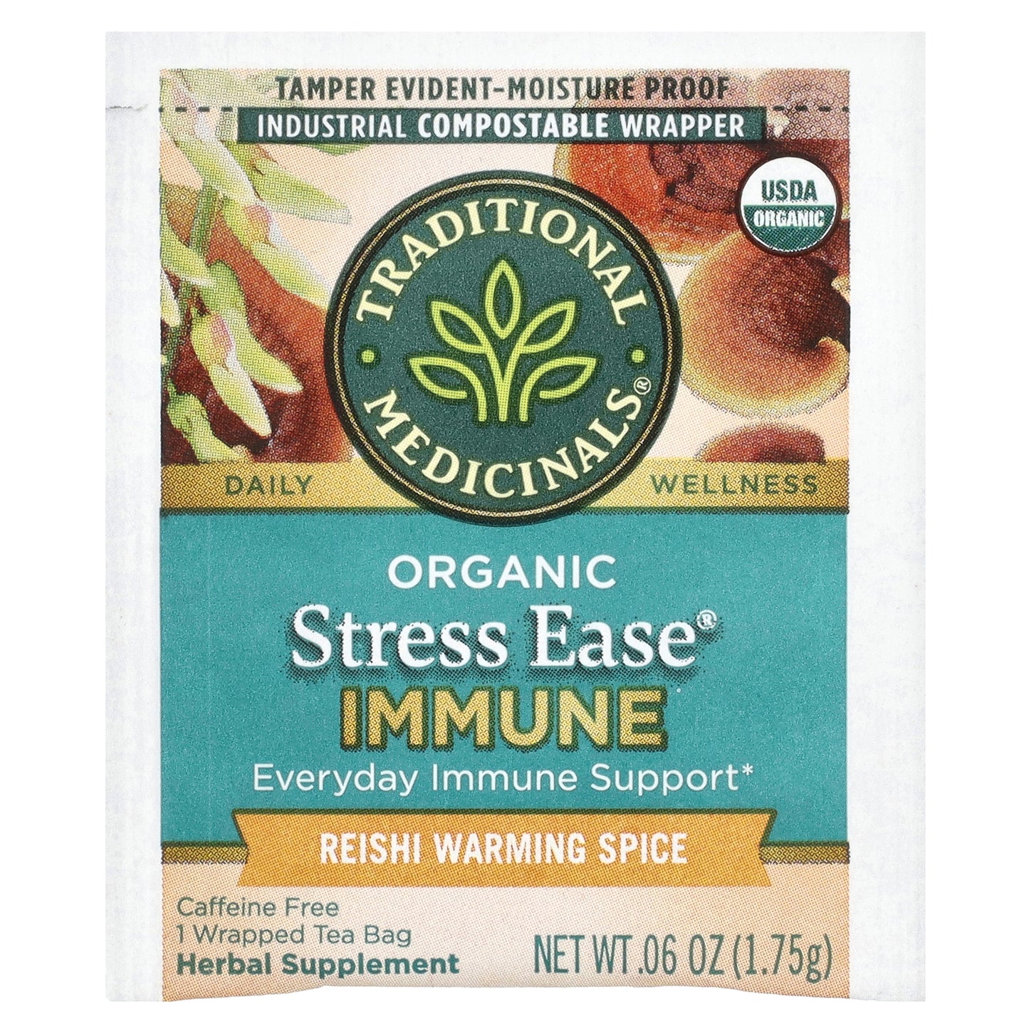 Traditional Medicinals, Organic Stress Ease® Immune, Reishi Warming Spice, Caffeine Free, 16 Wrapped Tea Bags, 0.99 oz (28 g)