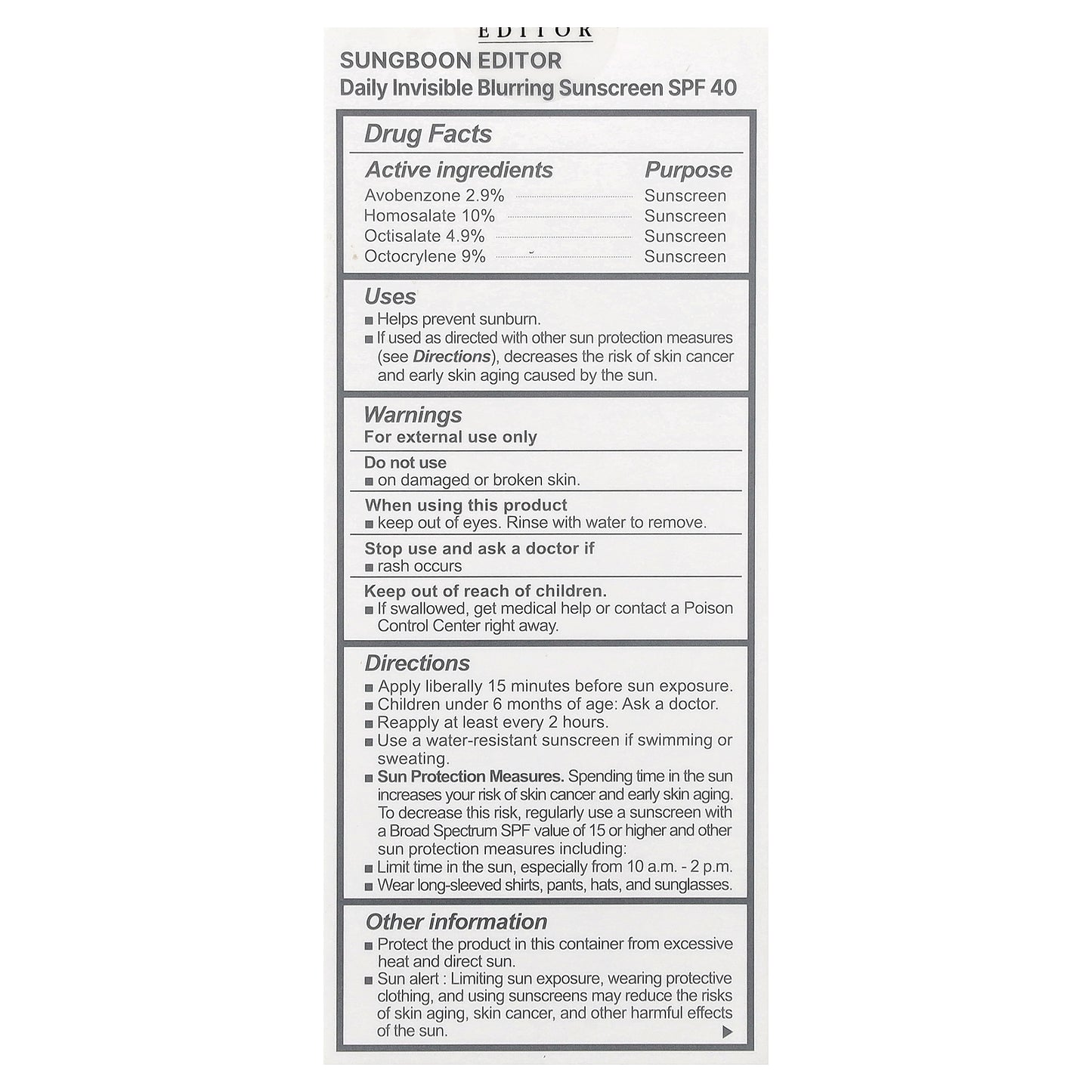 Sungboon Editor, Daily Invisible, Blurring Sunscreen, SPF 40 , 1.69 fl oz (50 ml)