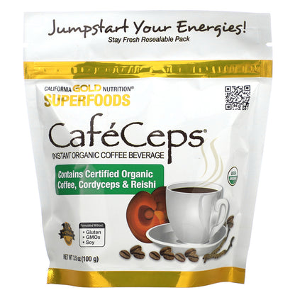 California Gold Nutrition, CafeCeps, Certified Organic Instant Coffee with Full-Spectrum, Organic Cordyceps and Reishi Mushroom Powder, 3.5 oz (100 g)