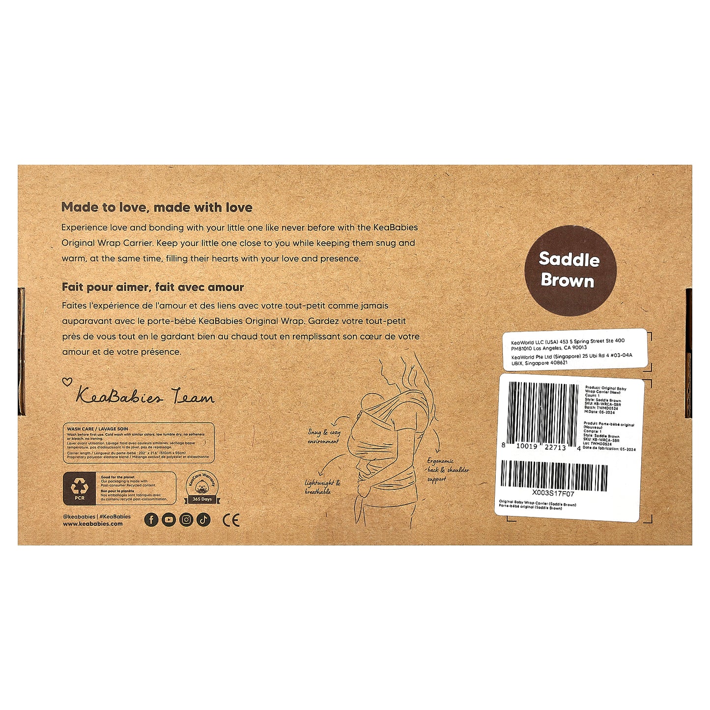 KeaBabies, Original Baby Wrap Carrier, For Babies 0-36 Months, Saddle Brown, 1 Count