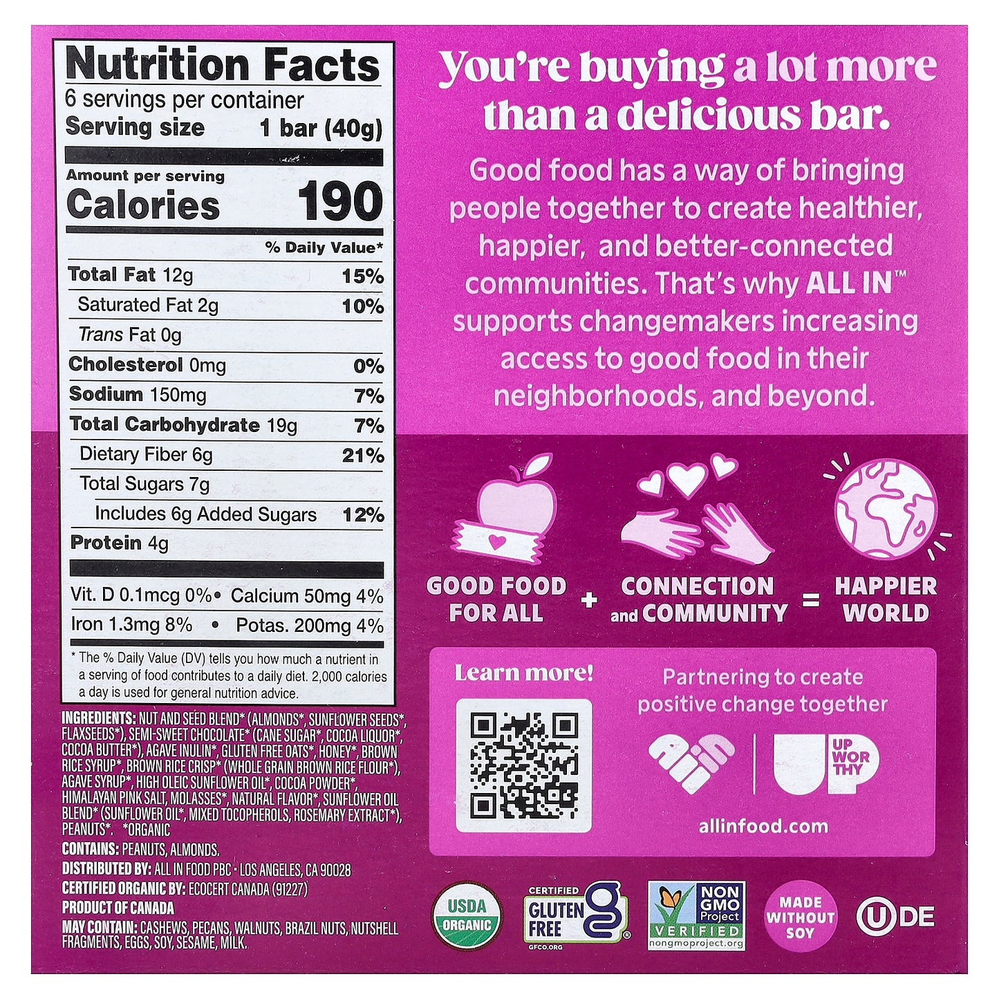 All In, Nut & Seed Bars, California Almonds, Dark Chocolate + Sea Salt, 6 Bars, 1.4 oz (40 g) Each