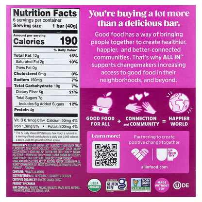 All In, Nut & Seed Bars, California Almonds, Dark Chocolate + Sea Salt, 6 Bars, 1.4 oz (40 g) Each