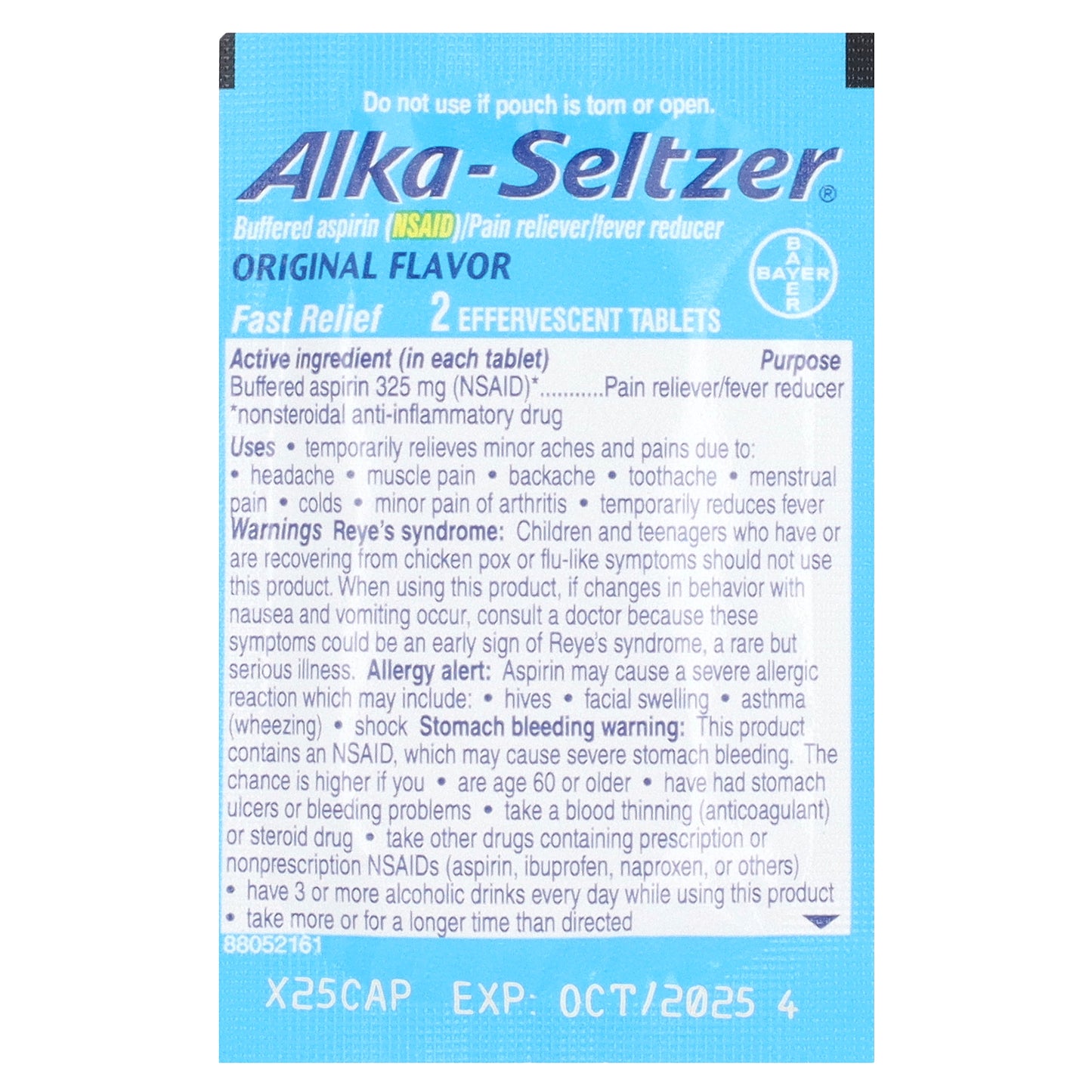 Alka-Seltzer, Buffered Aspirin (NSAID) Pain Reliever/Fever Reducer, Original, 325 mg , 58 Pouches, 2 Count Each