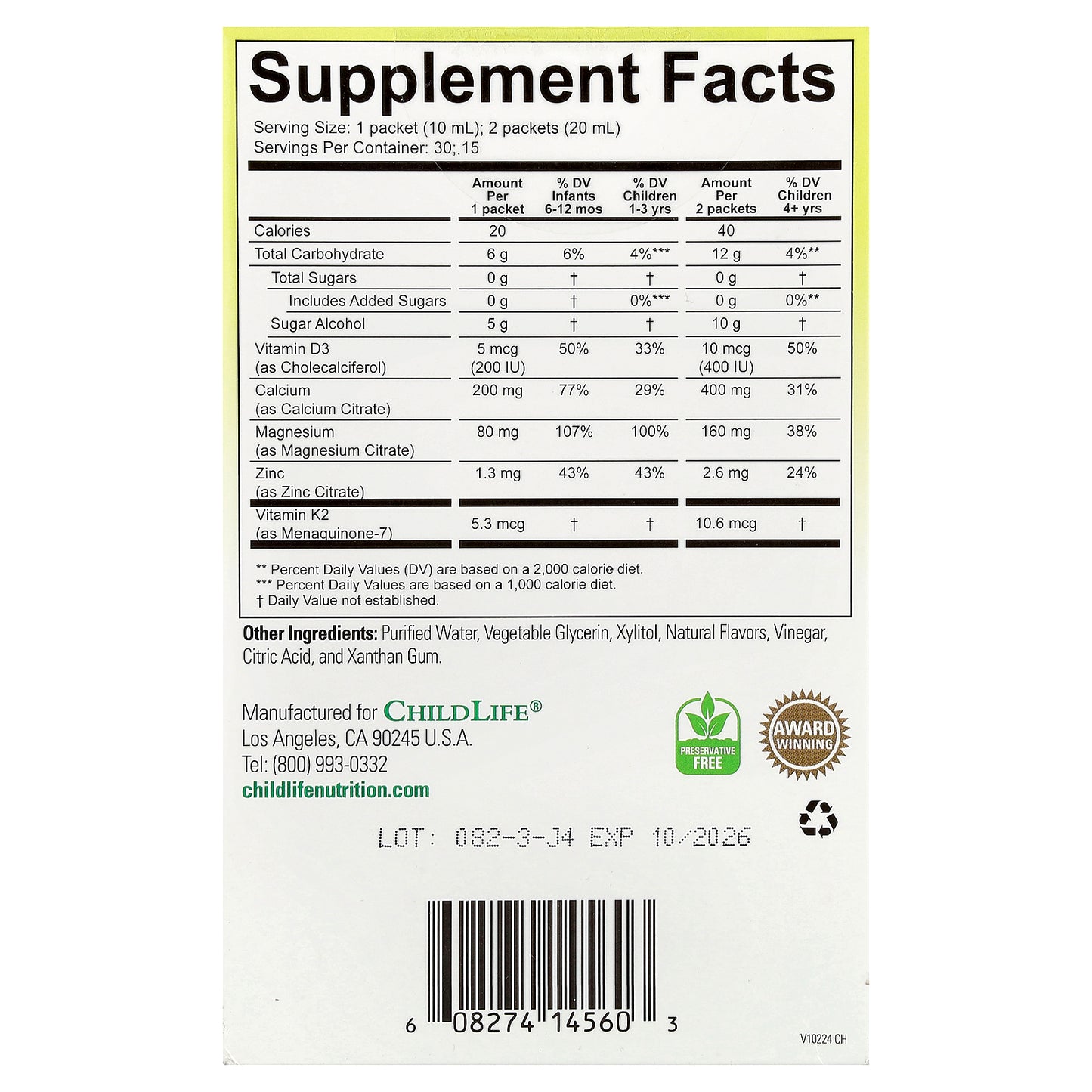 ChildLife Essentials, Liquid Calcium with Magnesium Plus K2 & D3, Natural Orange, 30 Packet, 0.34 fl oz (10 ml)