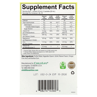 ChildLife Essentials, Liquid Calcium with Magnesium Plus K2 & D3, Natural Orange, 30 Packet, 0.34 fl oz (10 ml)