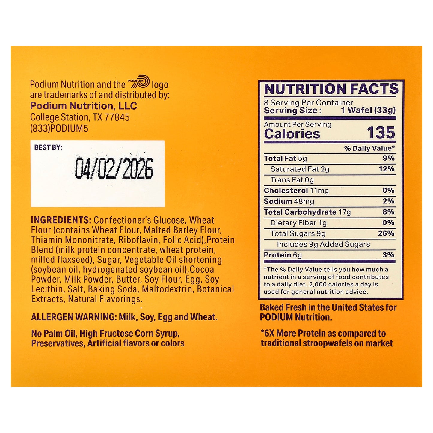 Podium Nutrition, Protein Stroopwafel, Chocolate Brownie, 8 Wafels, 1.16 oz (33 g) Each