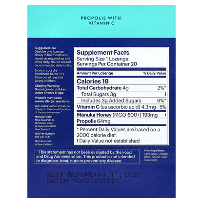 Manuka Health, Manuka Honey & Propolis Lozenges, MGO 600+, 20 Lozenges