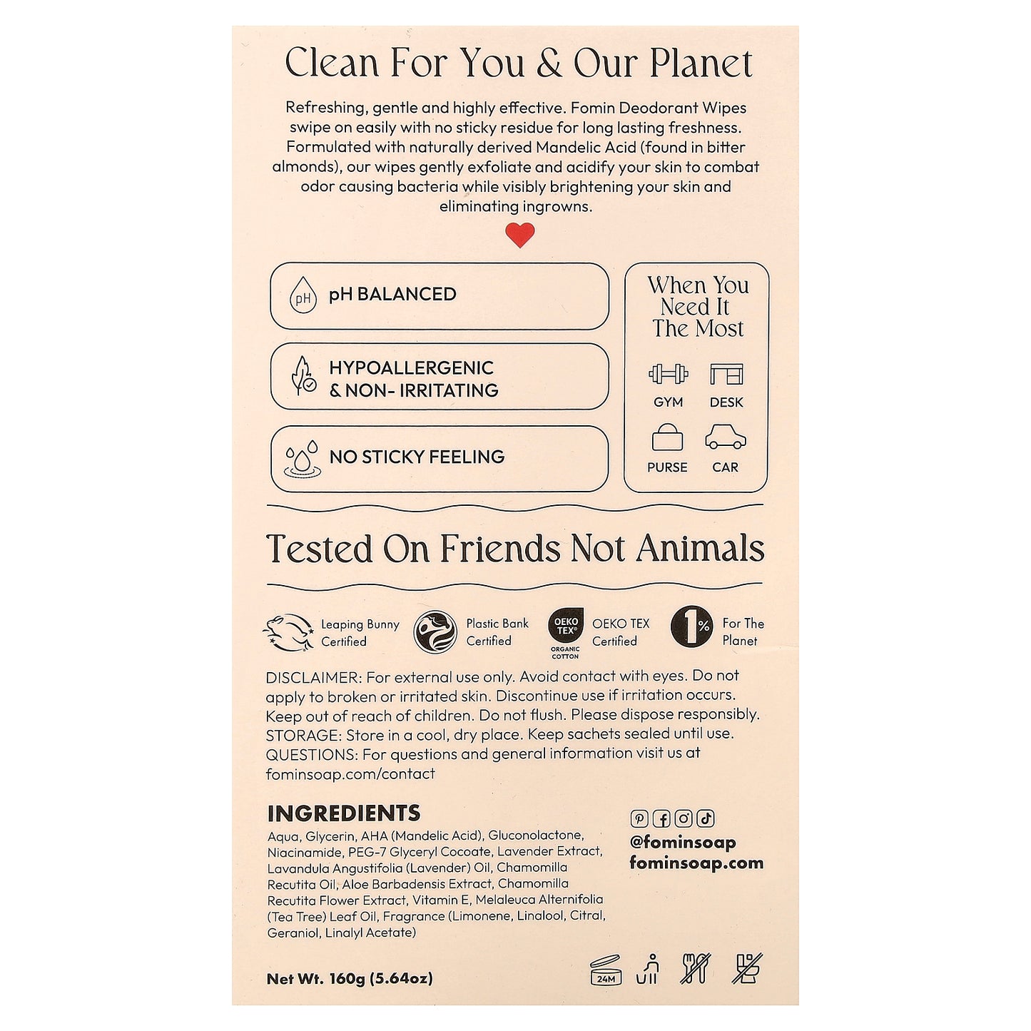 fomin, Deodorant Wipes, Citrus Harmony, 15 Individually Wrapped Wipes