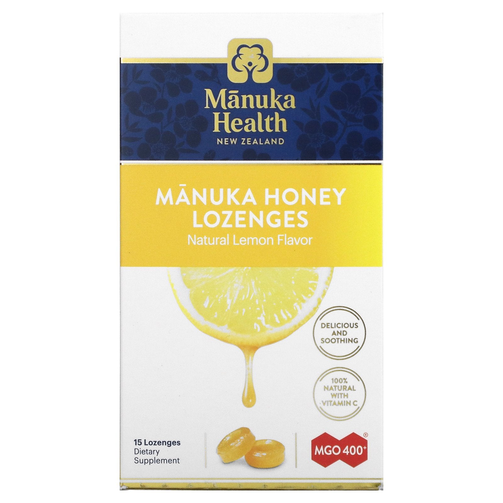 Manuka Health, Manuka Honey Lozenges, Natural Lemon, MGO 400+, 15 Lozenges