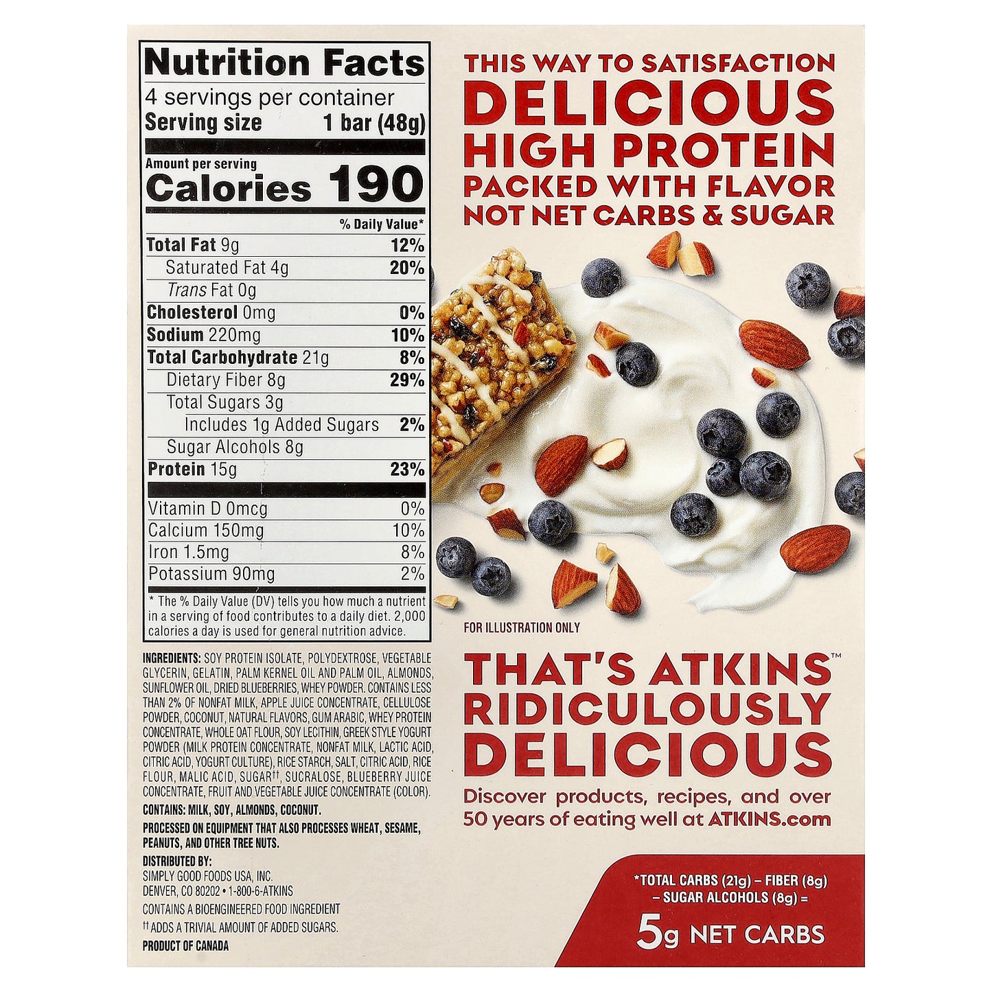 Atkins, High Protein Bar, Blueberry Greek Yogurt, 4 Bars, 1.69 oz (48 g) Each