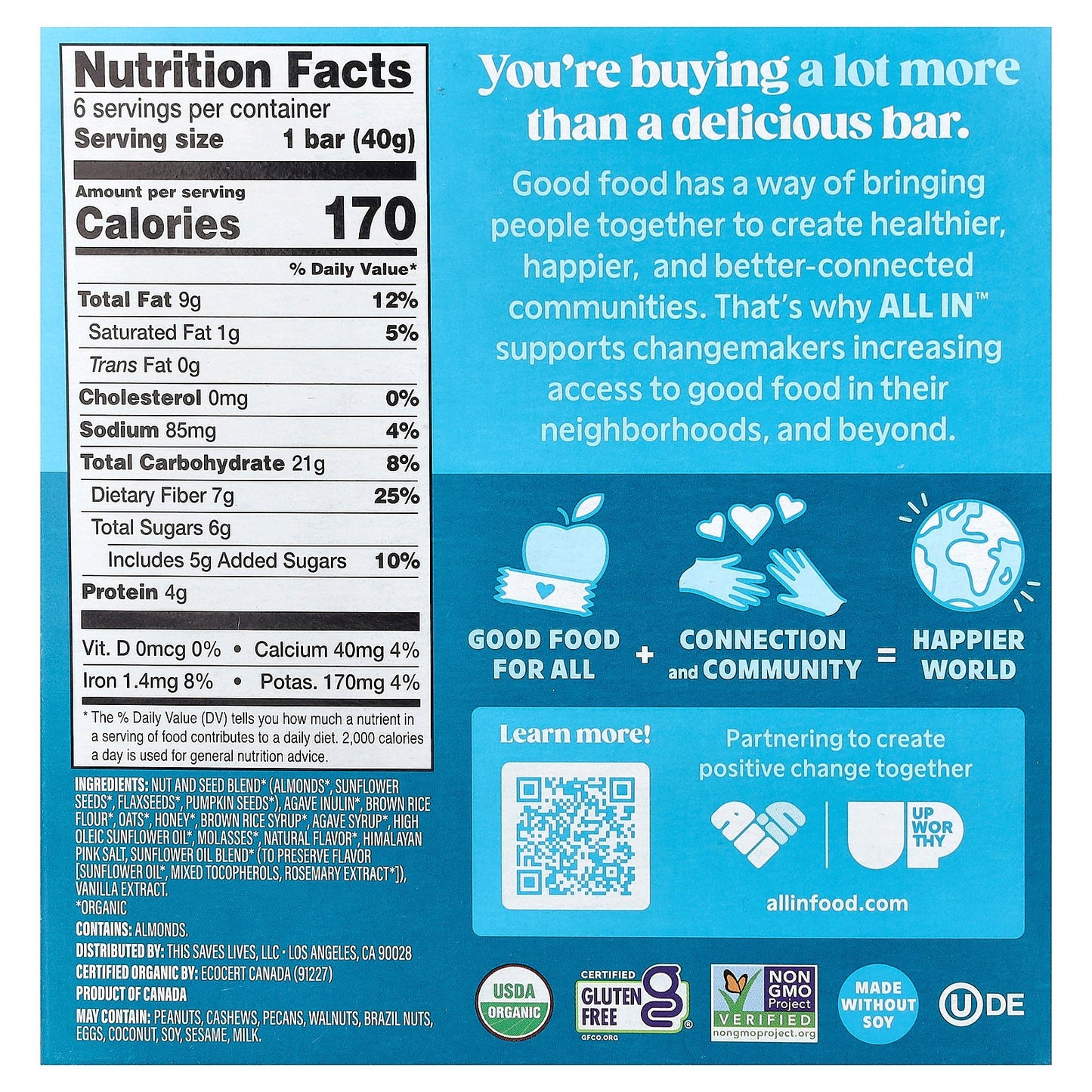 All In, Nut & Seed Bars, Madagascar Vanilla, Honey + Almonds, 6 Bars, 1.4 oz (40 g) Each