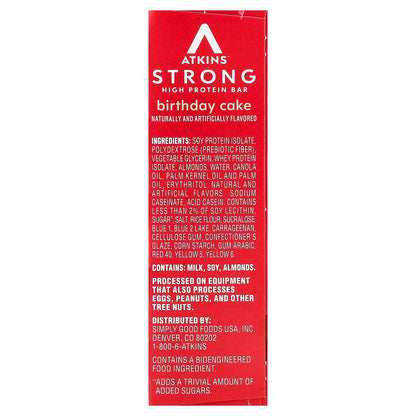 Atkins, Strong, High Protein Bar, Birthday Cake, 4 Bars, 2.12 oz (60 g) Each