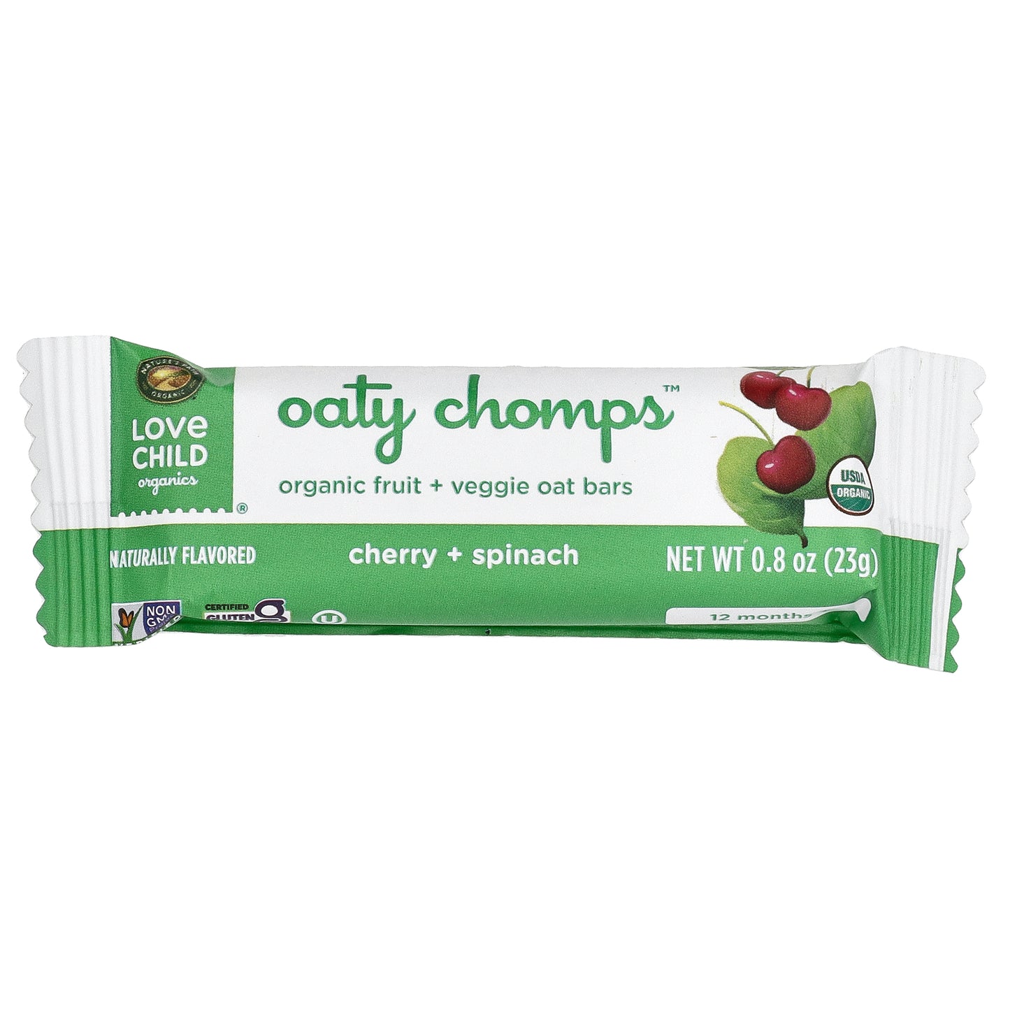 Love Child Organics, Nature's Path, Oaty Chomps™ Organic Bars, 12+ Months, Cherry + Spinach, 5 Individually Wrapped Bars, 0.8 oz (23 g) Each