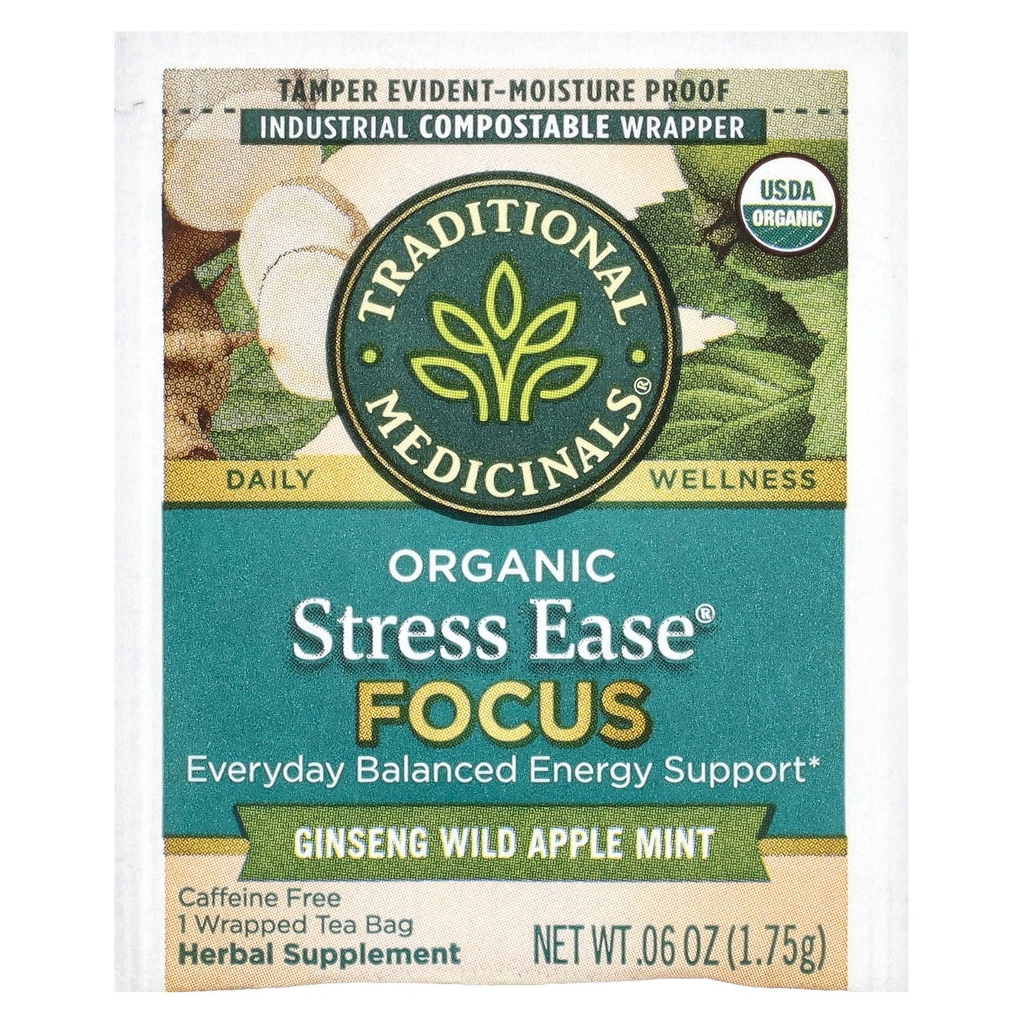 Traditional Medicinals, Organic Stress Ease® Focus, Ginseng Wild Apple Mint, Caffeine Free, 16 Wrapped Tea Bags, 0.99 oz (28 g)