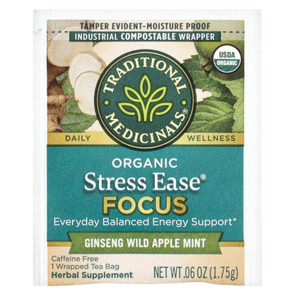 Traditional Medicinals, Organic Stress Ease® Focus, Ginseng Wild Apple Mint, Caffeine Free, 16 Wrapped Tea Bags, 0.99 oz (28 g)