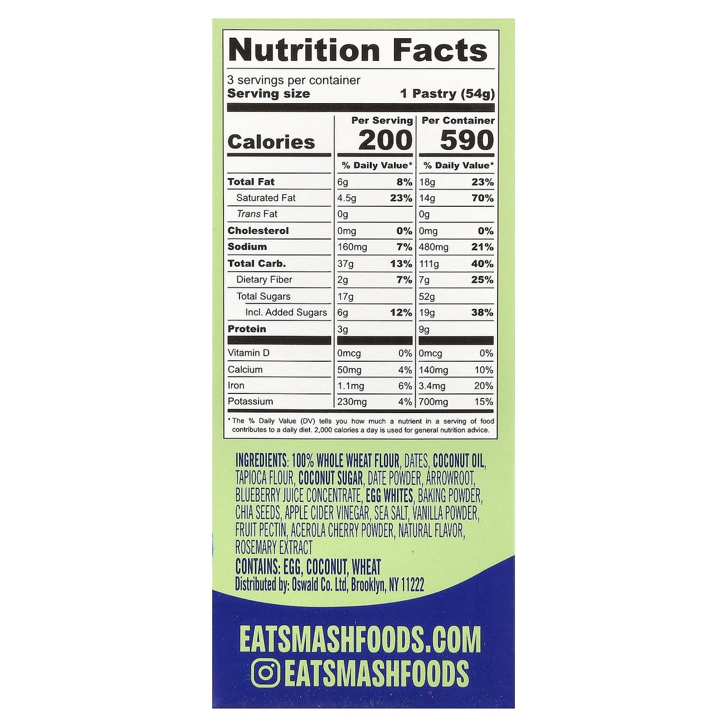 Smash Foods, Toasties™, Blueberry, 3 Pastries, 1.9 oz (54 g) Each