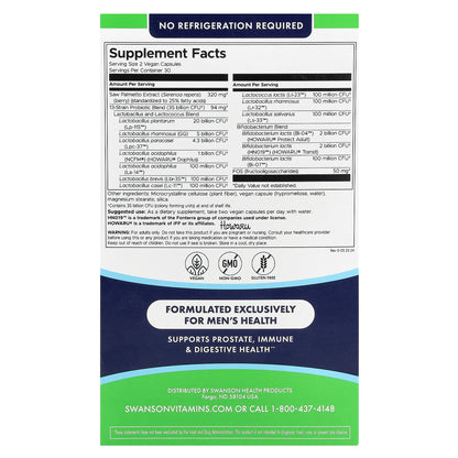 Swanson, Men's Daily, Probiotic + Prebiotics FOS With Saw Palmetto, 35 Billion CFU, 60 Vegan Capsules