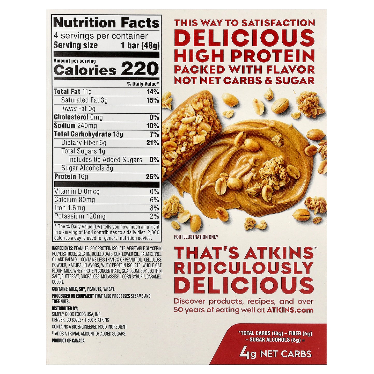 Atkins, High Protein Bar, Peanut Butter Granola, 4 Bars, 1.69 oz (48 g) Each