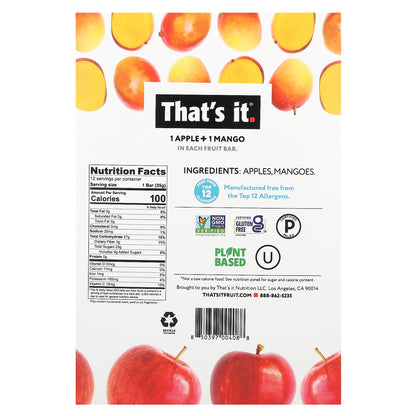That's It, Fruit Bars, Apple + Mangoes, 12 Bars, 1.2 oz (35 g) Each