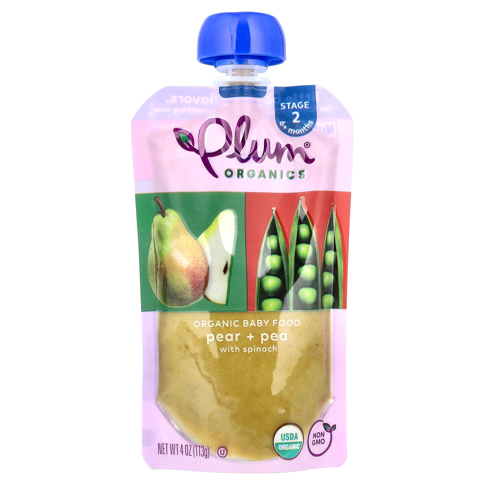 Plum Organics, Organic Baby Food, 6+ Months, Pear + Pea With Spinach, 4 oz (113 g)