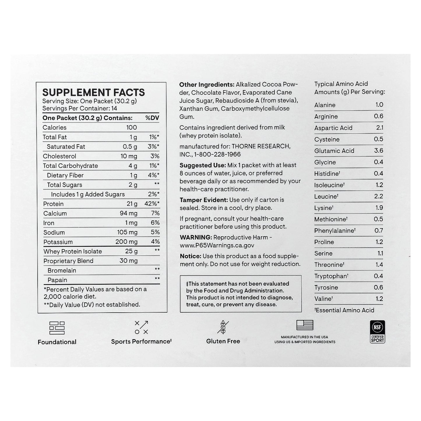 Thorne, Whey Protein Isolate, Chocolate, 14 Packets, 1.06 oz (30.2 g) Each