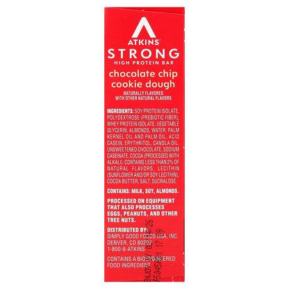 Atkins, Strong, High Protein Bar, Chocolate Chip Cookie Dough, 4 Bars, 2.12 oz (60 g) Each