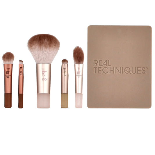 Real Techniques, New Nudes 2.0, On-The-Glow Mini Brush Set + Mirrored Compact, 6 Piece Set