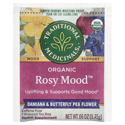 Traditional Medicinals, Organic Rosy Mood™, Damiana & Butterfly Pea Flower, Caffeine Free, 16 Wrapped Tea Bags, 0.99 oz (28 g)
