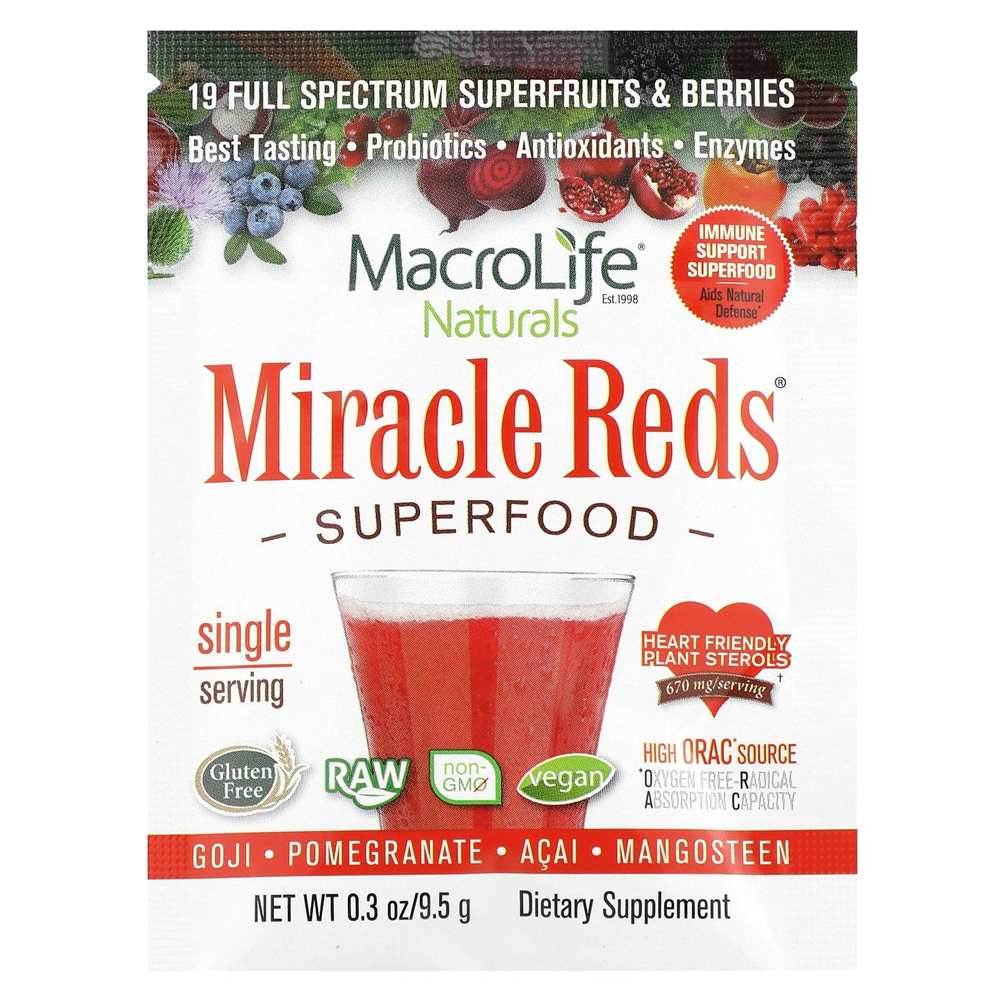 Macrolife Naturals, Miracle Reds, Superfood, Goji, Pomegranate, Acai, Mangosteen, 12 Packets, 0.3 oz (9.5 g) Each